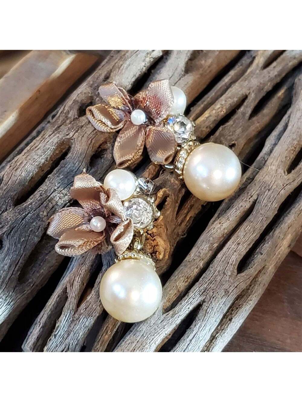 Creamy White Faux Pearl Baubles Clear Austrian Crystal Taupe Satin Bow Earrings